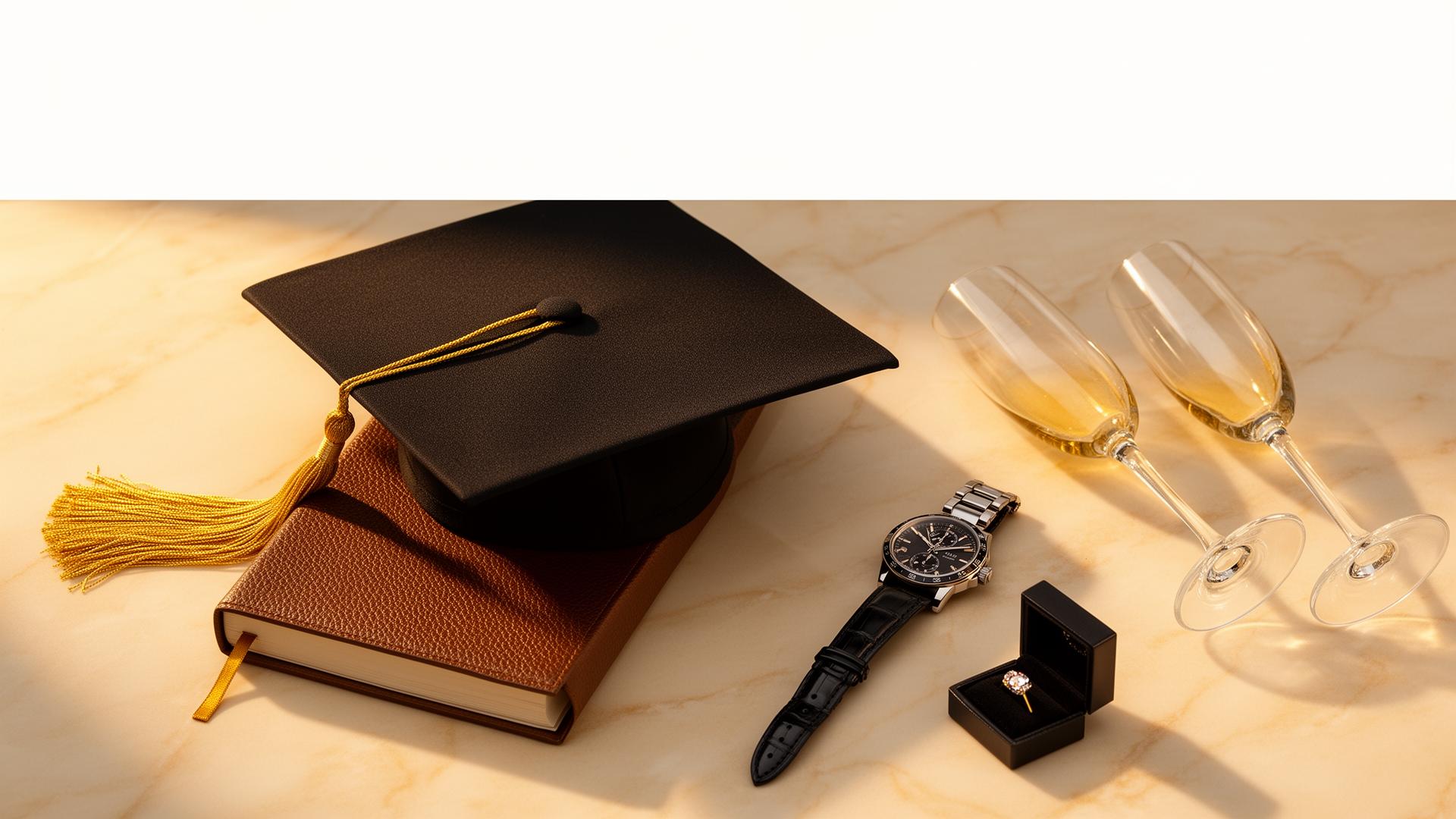 Curated graduation gifts: leather journal, luxury watch, jewelry box and graduation cap on cream marble